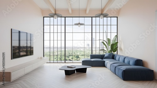 Modern living room interior with modern sofa and TV bookself and big size window