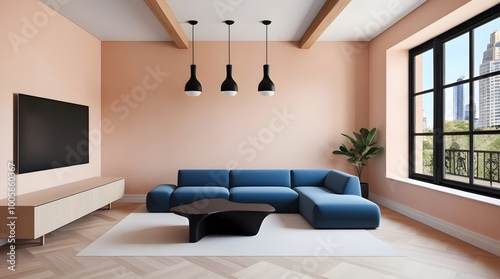 Modern living room interior with sofa hanging light TV and a big window