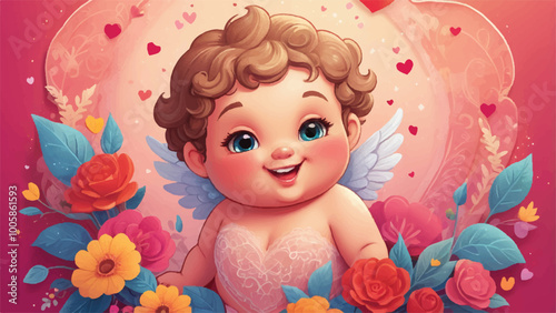 Whimsical Cartoon-Style Valentine's Day Card with Cupid, Flowers, and Sparkly Heart Glow