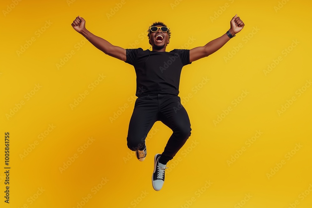Fototapeta premium Full-body photo of excited young man jumping for Black Friday sale