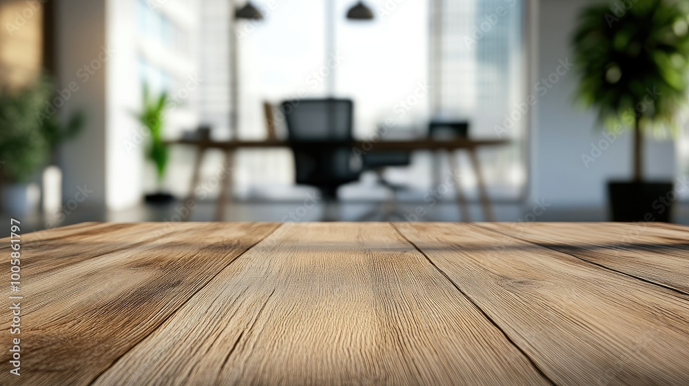 Wooden table surface in focus with a blurred empty office room behind, ready for showcasing office supplies, work content, or business presentations. Wooden table surface in focus with a blurred empty office room behind, ready for showcasing office supplies, work content, or business presentations.