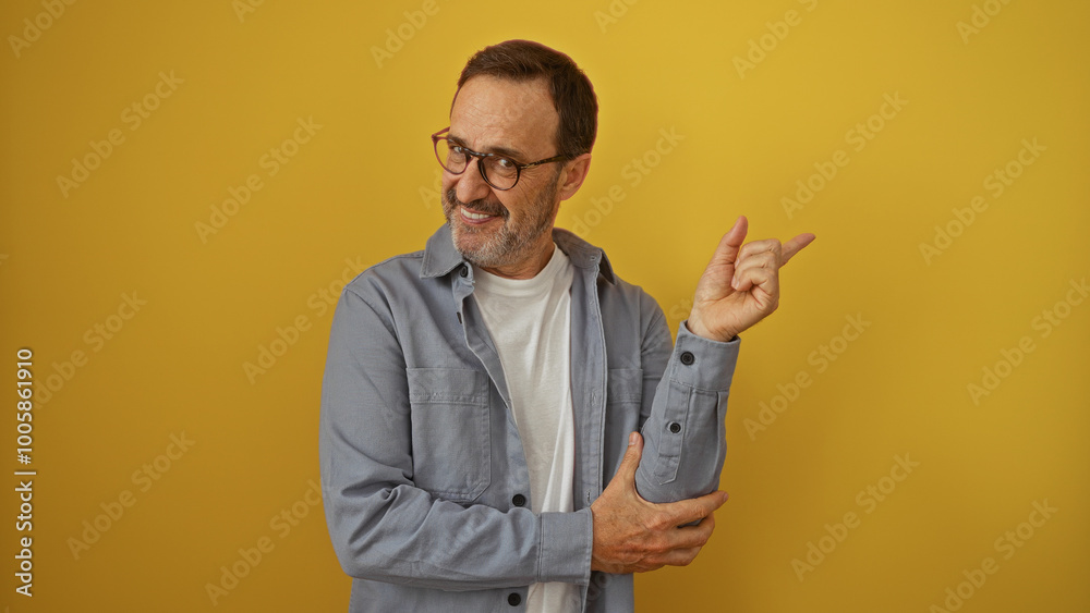 Handsome mature hispanic man gestures happily over isolated yellow background, wearing casual clothes and glasses. Handsome mature hispanic man gestures happily over isolated yellow background, wearing casual clothes and glasses.