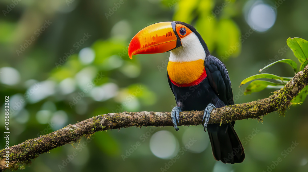A colorful bird with a long beak is perched on a branch. The bird is surrounded by lush green foliage, giving the scene a vibrant and lively atmosphere A colorful bird with a long beak is perched on a branch. The bird is surrounded by lush green foliage, giving the scene a vibrant and lively atmosphere