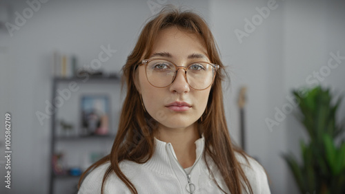 Young caucasian woman wearing glasses poses indoors with a neutral expression in a well-lit living room, exuding a sense of calm and simplicity. photo