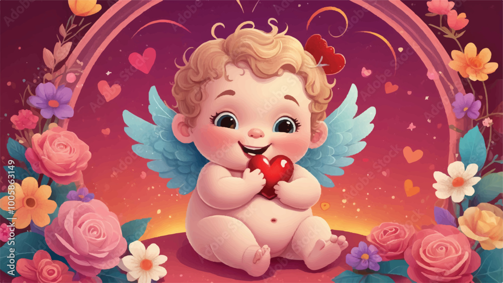 Whimsical Cartoon-Style Valentine's Day Card with Cupid, Flowers, and Sparkly Heart Glow Whimsical Cartoon-Style Valentine's Day Card with Cupid, Flowers, and Sparkly Heart Glow