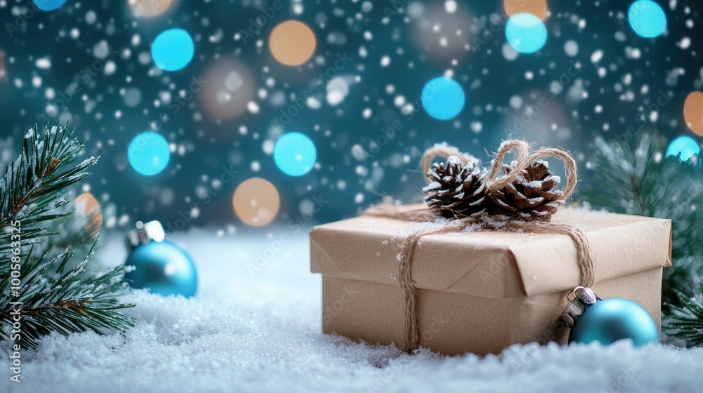Wrapped Christmas gift on snow, with twinkling blue bokeh lights in the background. Fir branches and ornaments create a festive, wintery atmosphere as snow falls softly.