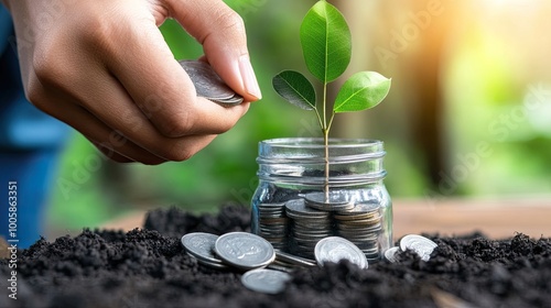 Wallpaper Mural A hand planting coins in soil next to a growing plant in a jar, symbolizing investment and growth in finance and nature. Torontodigital.ca
