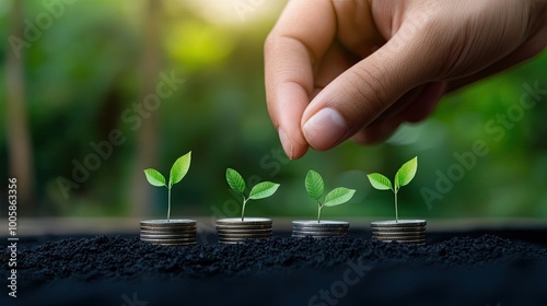 A hand placing a small plant on coins, symbolizing growth and investment in nature and finance. photo