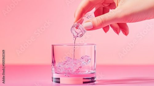 A hand pouring liquid into a glass filled with ice, set against a vibrant pink background, creating a refreshing drink scene. photo