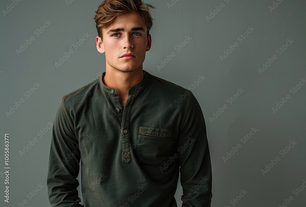 An attractive young man with short hair wearing a dark green long-sleeve shirt and tan pants.