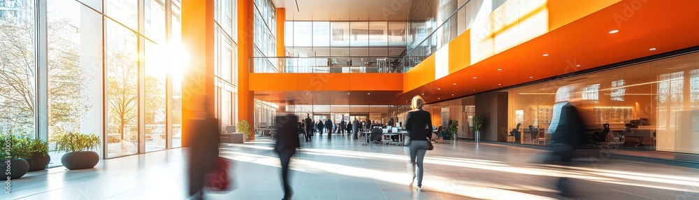 Modern Office Lobby with People Walking and Sunlight Streaming Through Large Windows