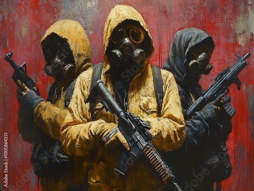Three Masked Soldiers in a Grim Setting