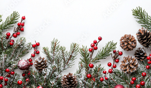 Christmas tree border with snow and red berries on a white background