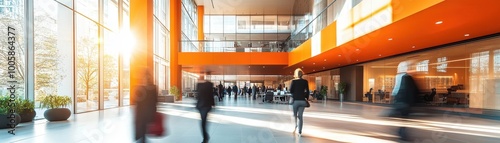 Modern Office Lobby with People Walking and Sunlight Streaming Through Large Windows