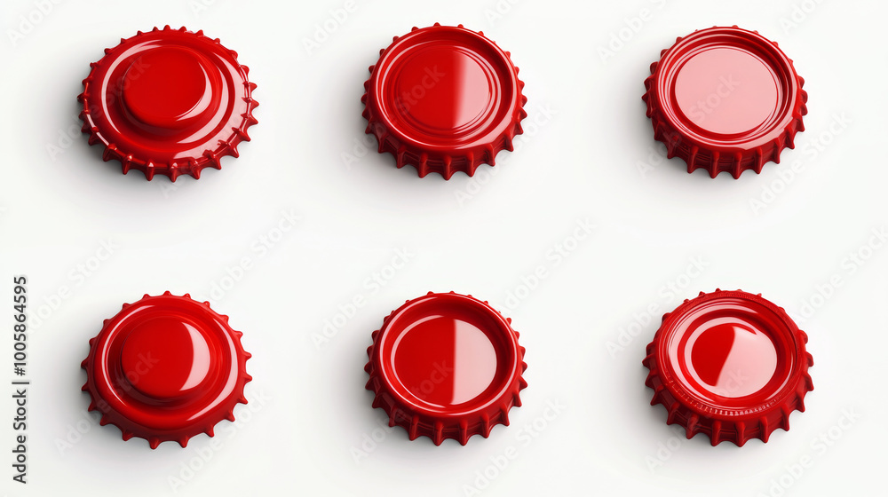This is a set of realistic images showing red plastic bottle caps from different angles. These caps are used on bottles for water, beer, cider, or soda. This is a set of realistic images showing red plastic bottle caps from different angles. These caps are used on bottles for water, beer, cider, or soda.