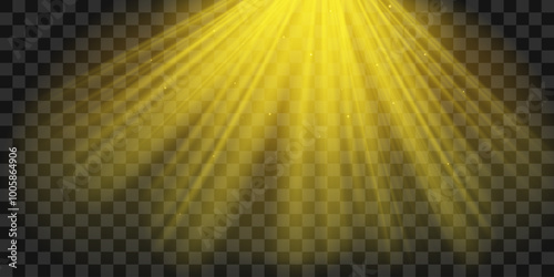 Bright rays of the sun. Sunlight effect. Realistic 3d vector illustration isolated on transparent background.