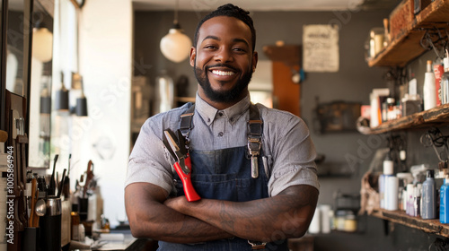 A smiling Black man, a barber, stands proudly in his shop, holding his clippers. He's happy and successful running his own business, a place where people come to look and feel their best.