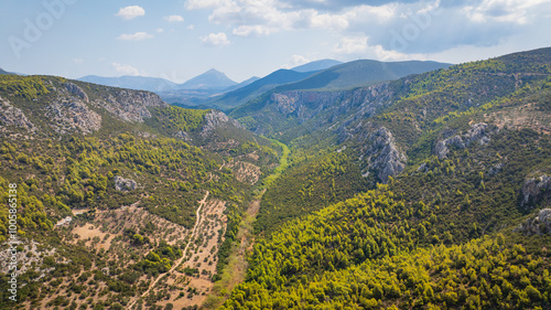 Drone view of a lush, green valley