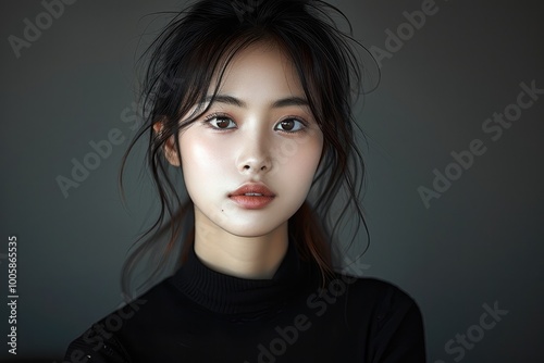 A beautiful Asian woman, Fashion, Beauty, Empowerment, Confidence. The composition is simple.