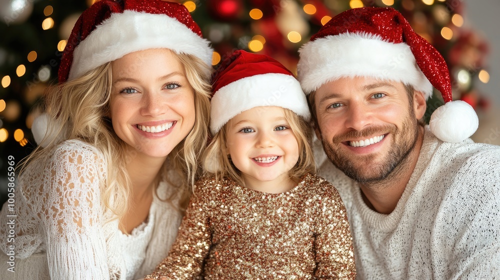A joyful family wearing Christmas hats, capturing happy moments together by the festive tree, radiating love and warmth. A joyful family wearing Christmas hats, capturing happy moments together by the festive tree, radiating love and warmth.