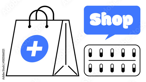 Shopping bag with medical cross, shop signage, and blister pack of pills. Ideal for healthcare, online shopping, pharmacies, e-commerce, medical services. Flat vector style. Predominantly blue