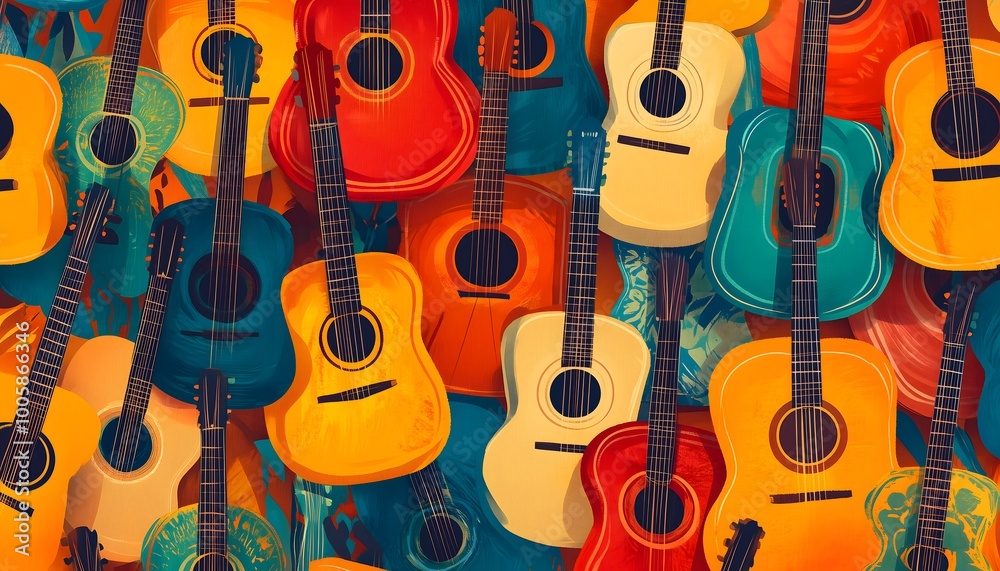 Naklejka premium A vibrant and seamless pattern of colorful spanish guitars