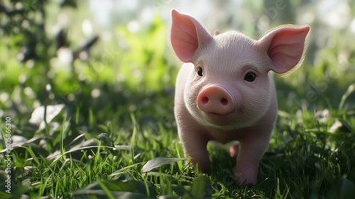 A pink and tender little pig playing on the green grass