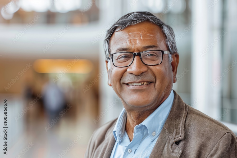 Portrait of successful senior Bengali businessman consultant looking at camera and smiling inside modern office building , background blur Portrait of successful senior Bengali businessman consultant looking at camera and smiling inside modern office building , background blur