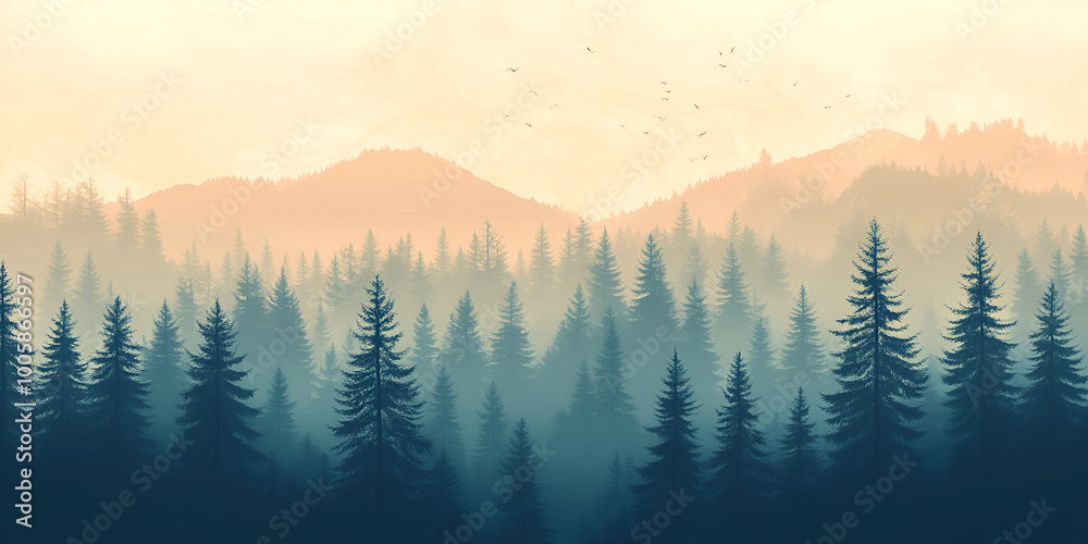 Obraz premium Misty Forest Landscape with Pine Trees