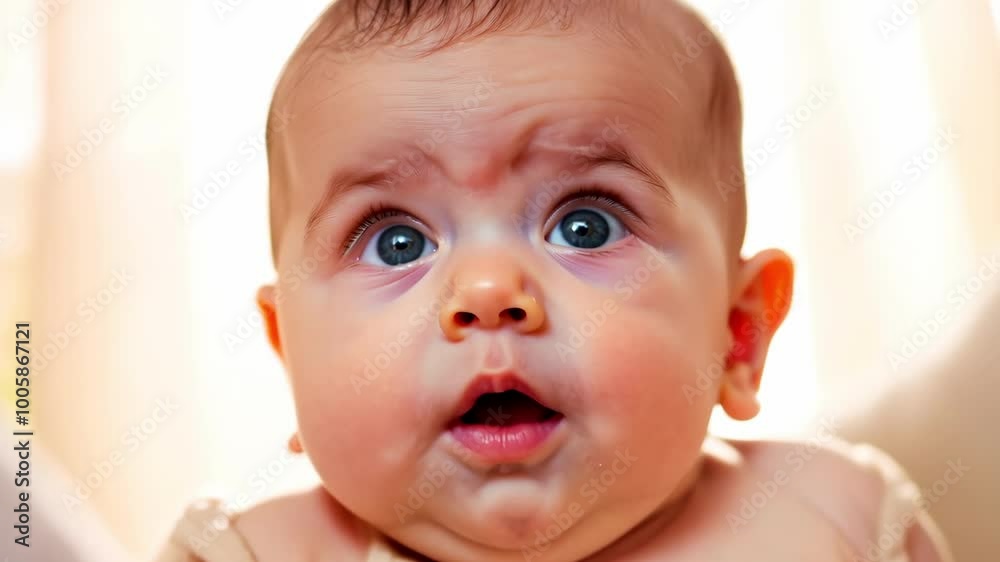 Adorable baby with surprised expression and big blue eyes Adorable baby with surprised expression and big blue eyes