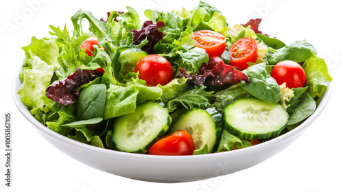 A fresh salad bowl filled with leafy greens like spinach and lettuce, juicy cherry tomatoes, crisp cucumber, and other tasty vegetables.