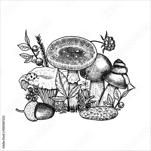 Hand draw mushrooms with acorns, pine cone, moss, berries, snail. Vector illustration