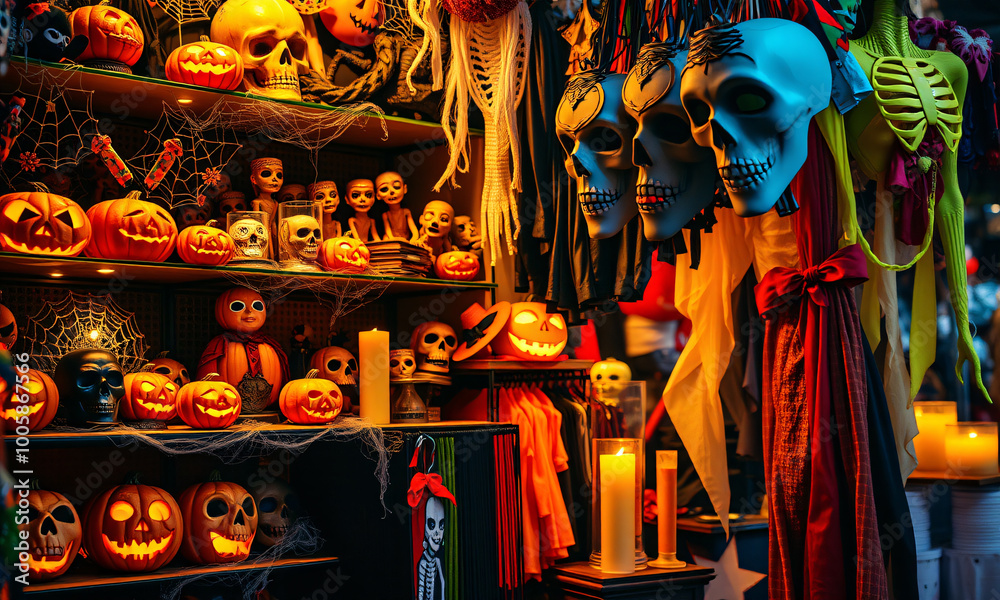 Naklejka premium A close-up view of a Halloween shop display filled with an array of spooky decorations and eerie accessories