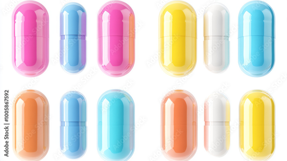 A set of colorful pill capsules, drawn in a realistic 3D style. These images are separate and ready to use, with a white background. A set of colorful pill capsules, drawn in a realistic 3D style. These images are separate and ready to use, with a white background.