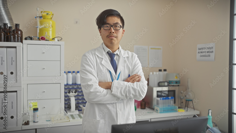 A confident young asian man in a lab coat stands with arms crossed in a modern laboratory setting, depicting professionalism and healthcare. A confident young asian man in a lab coat stands with arms crossed in a modern laboratory setting, depicting professionalism and healthcare.