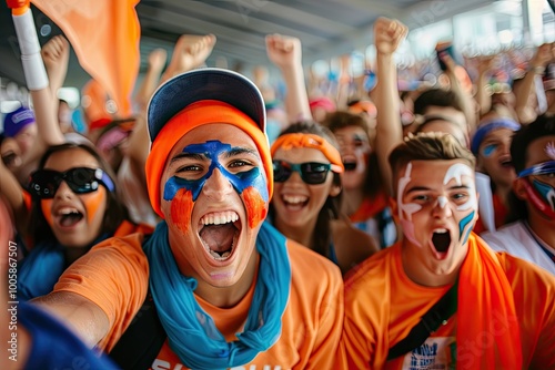 A lively crowd of excited fans cheering passionately in vibrant orange attire at a spirited sports event. photo