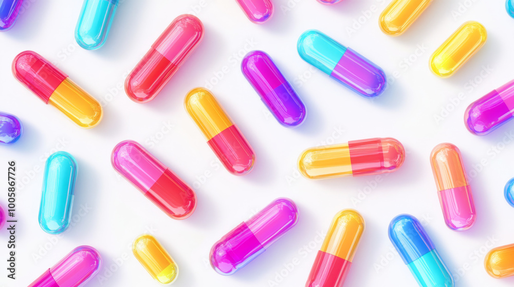 A set of colorful pill capsules, drawn in a realistic 3D style. These images are separate and ready to use, with a white background. A set of colorful pill capsules, drawn in a realistic 3D style. These images are separate and ready to use, with a white background.