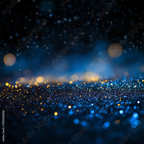 glitter vintage lights background. gold, silver, blue and black.