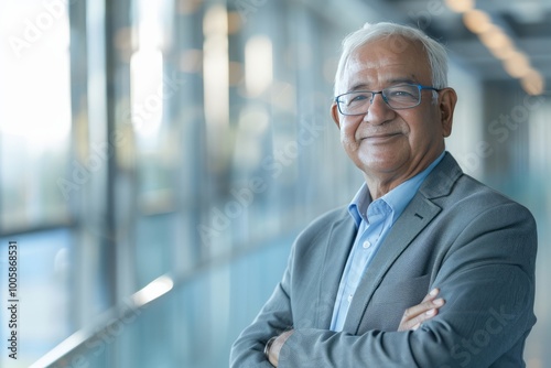 Portrait of successful senior Bengali businessman consultant looking at camera and smiling inside modern office building , background blur