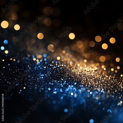 glitter vintage lights background. gold, silver, blue and black.