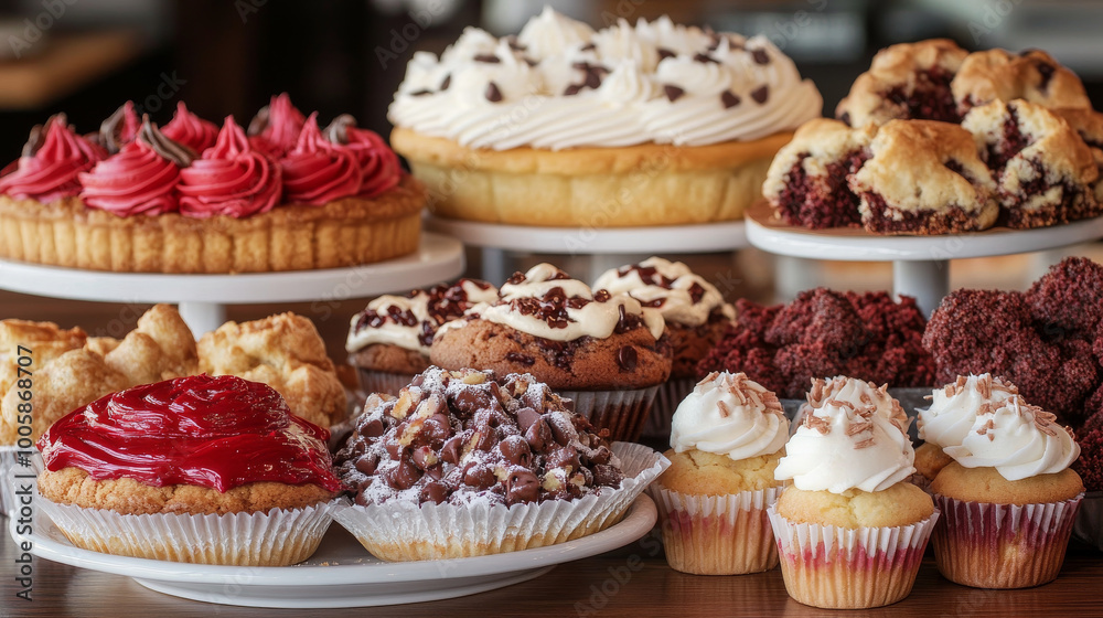 A tempting array of freshly baked treats: apple pie, chocolate chip cookies, cream puffs, red velvet cake, and a cupcake. All are beautifully arranged and ready to satisfy your sweet tooth. A tempting array of freshly baked treats: apple pie, chocolate chip cookies, cream puffs, red velvet cake, and a cupcake. All are beautifully arranged and ready to satisfy your sweet tooth.