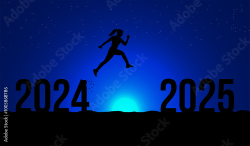 2025 Happy New Year transition concept women jumping from 2024 to 2025 female silhouette jumping from 2024 to 2025 with a night scene or blue sky with stars in background 
New Year transition graphic