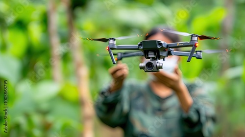 A military personnel operates a drone in lush greenery, showcasing technology in nature for surveillance or research purposes.