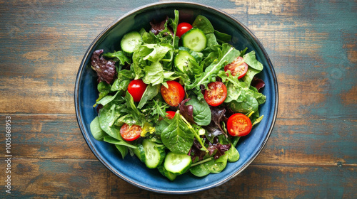 A fresh salad bowl filled with leafy greens like spinach and lettuce, juicy cherry tomatoes, crisp cucumber, and other tasty vegetables.