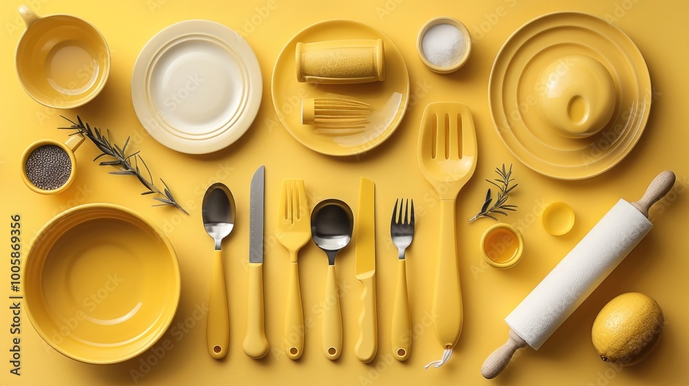 A yellow kitchen utensils, silverware, plates, bowls, and rolling pin on a bright yellow background. top view. A yellow kitchen utensils, silverware, plates, bowls, and rolling pin on a bright yellow background. top view.