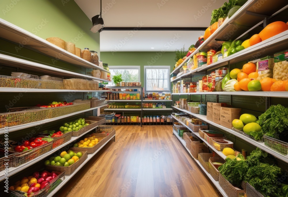 Fototapeta premium vibrant organized food pantry shelves stocked colorful nutritious items fresh produce community health wellness, canned, foods, staples, healthy, snacks, dry