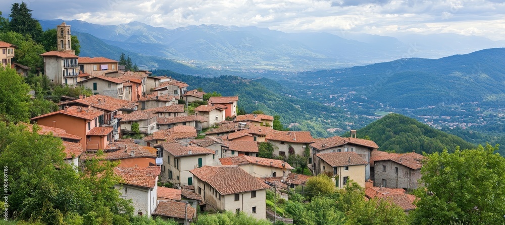 Obraz premium Scenic hillside village with stunning mountain views, countryside in Tuscan region of northern Italy