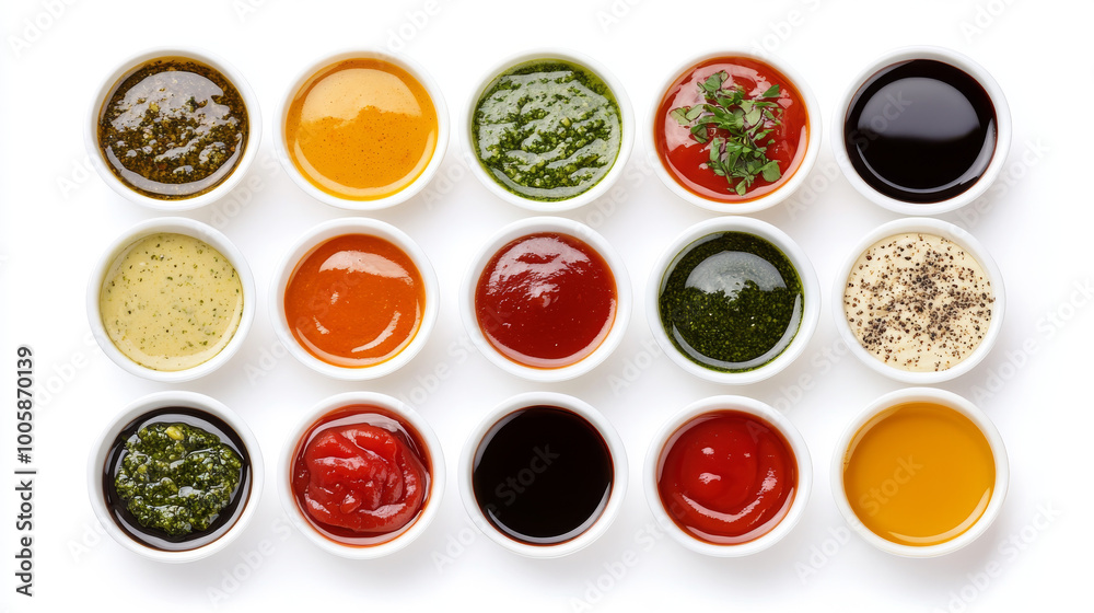A variety of dipping sauces are arranged on a white background. This collection includes pesto, ketchup, BBQ sauce, mustard, marinara sauce, ranch dressing, romesco sauce, and soy sauce.