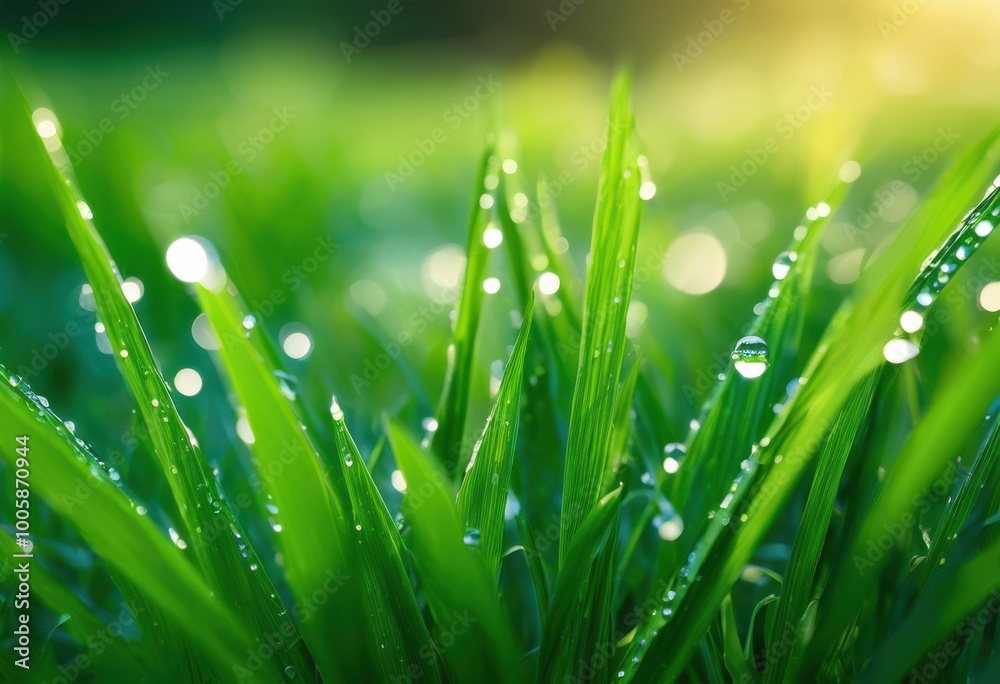Fototapeta premium macro shot vibrant green grass blades glistening dewdrops morning light, nature, moisture, plant, texture, detail, leaves, garden, sunlight, scenery, growth