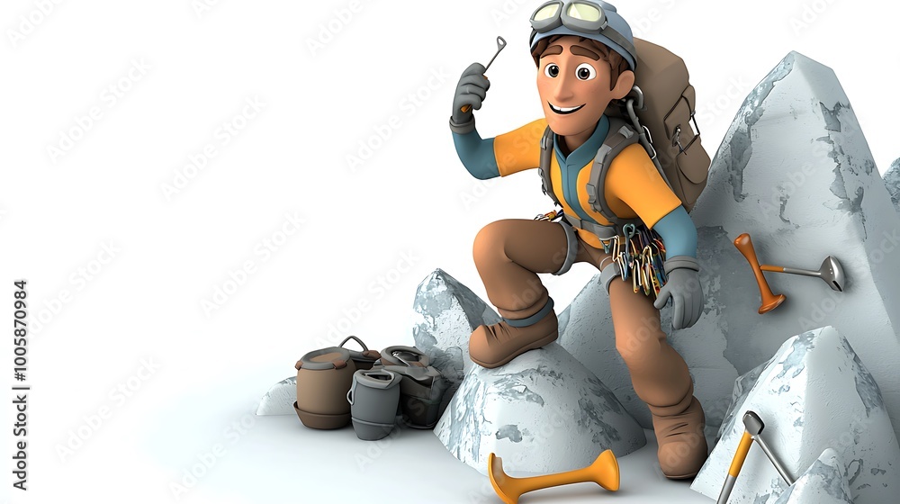 Adventurous Cartoon Explorer Climbing Mountain Adventurous Cartoon Explorer Climbing Mountain